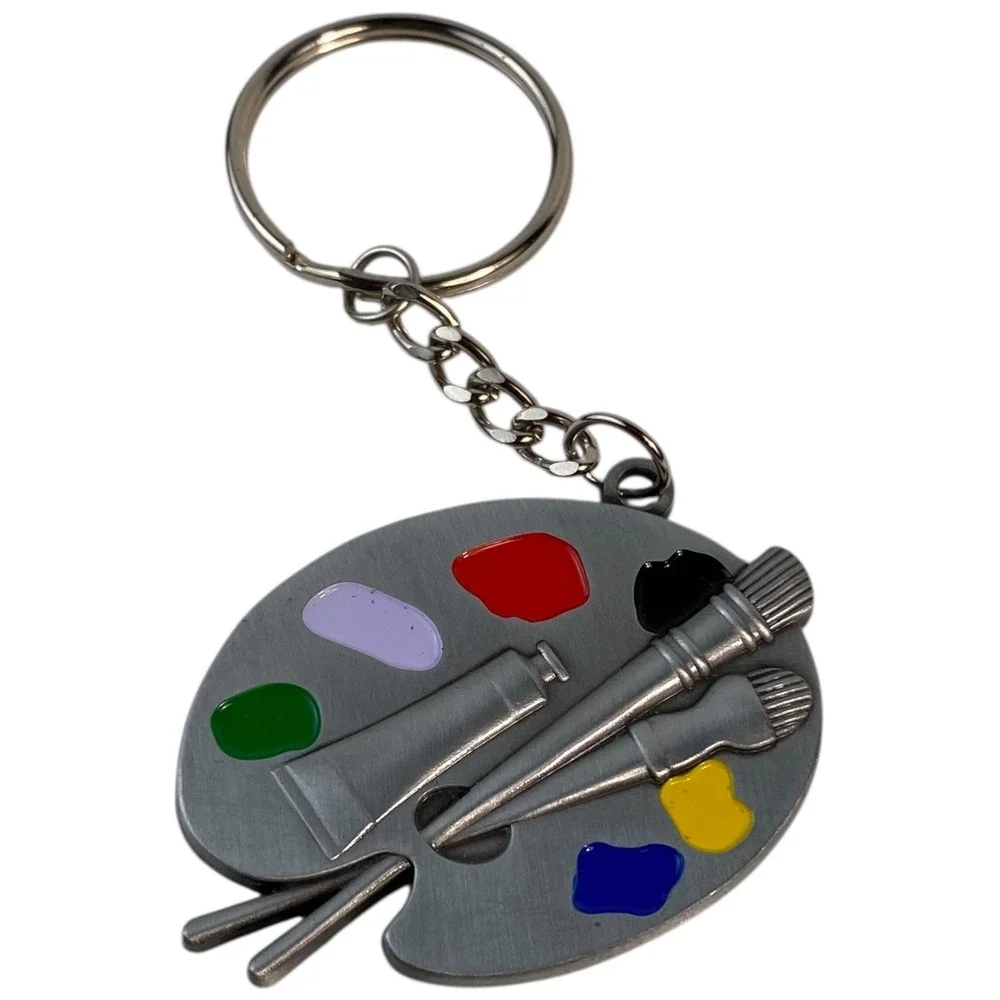 Artist Palette Keychain Silver‎ Tone Paint Brush Tube Color Keychain E14Q